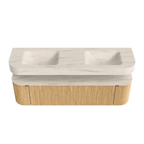 MONDIAZ THOR-DLUX Meuble de salle de bains 170cm arrondi gauche + droite couleur Oak avec 1 tiroir et 2 portes. Vasque suspendue CLOUD Double sans trou de robinet couleur Meli. SW1465824