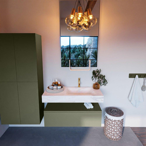 Mondiaz ALAN-DLUX Ensemble de meuble - 100cm - meuble Army mat - 1 tiroir - Lavabo Cloud Ostra suspendu - vasque Droite - 1 trou de robinet SW807540