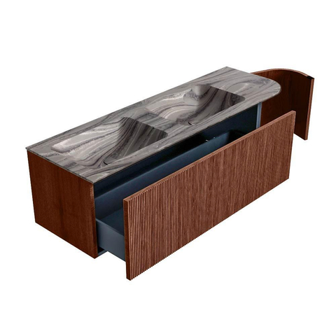 MONDIAZ KURVE-DLUX Meuble de salle de bains 145cm arrondi à droite couleur Ruby avec 1 tiroir et 1 porte. Lavabo LEAF Double / Gauche 2 trous de robinet Sombra. SW1433981