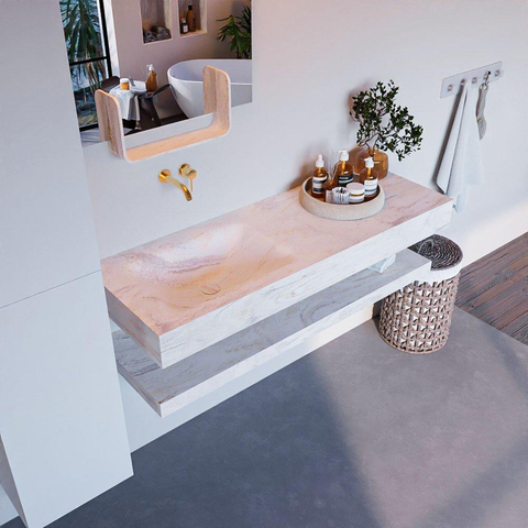 Mondiaz ALAN-DLUX Ensemble de meuble - 130cm - meuble Ostra mat - 0 tiroirs - Lavabo Cloud Ostra suspendu - vasque Gauche - 0 trous de robinet SW809309