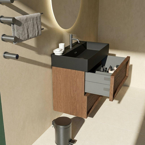 Saniclass Holz Frame Badkamermeubelset - 80x45x72cm - Legend keramische wastafel mat zwart - 1 wasbak - 1 kraangat - 2 lades - mat walnut pure (hout) SW1580099