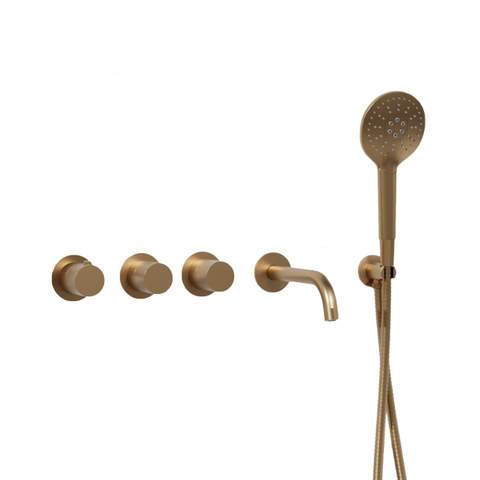 Fortifura Nebbio Badcombinatie-set - thermostaatkraan - wandaansluitbocht - met handdouchehouder - metalen doucheslang - ronde handdouche - uitloop - geborsteld messing (goud) SW1238042