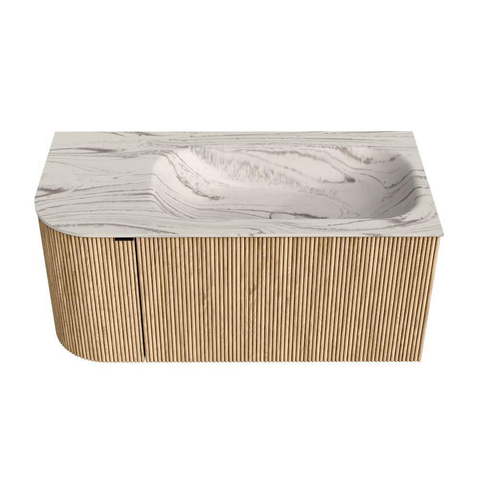 MONDIAZ KURVE-DLUX Meuble de salle de bains 95cm arrondi à gauche couleur Oak avec 1 tiroir et 1 porte. Lavabo BIG SMALL à droite 1 trou de robinet Nata. SW1432065