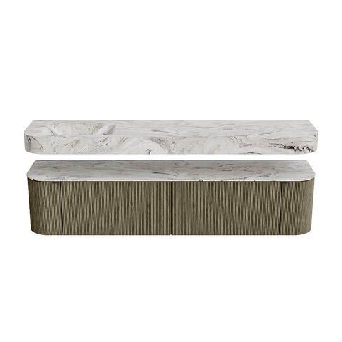 MONDIAZ THOR-DLUX 200cm meuble de salle de bains arrondi gauche + droite couleur Shadow avec 2 tiroirs et 2 portes. Vasque suspendue CLOUD Gauche sans trou de robinet couleur Glace. SW1467021