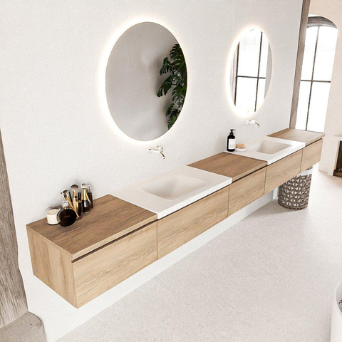 MONDIAZ BUKLA meuble de salle de bain 340cm avec module 60 couleur Chêne blanchi avec 5 tiroirs. Lavabo CLOUD double 0 trou de robinet couleur Talc. SW1382344