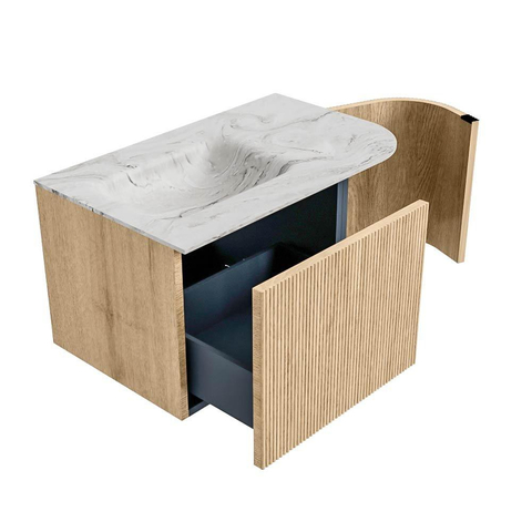 MONDIAZ KURVE-DLUX meuble de salle de bains 75 cm avec module 25 R couleur chêne avec 1 tiroir et 1 porte. Lavabo GRUNNE à gauche sans trou de robinet couleur Glace. SW1137924
