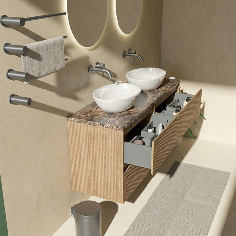Saniclass Holz Pure Badkamermeubelset - 140x45x63cm - Noche natuurstenen topblad dark emperador - zonder kraangat - 4 lades - mat eiken natural (hout) SW1478321