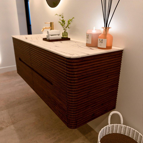 Mondiaz CIRO-DLUX Meuble de salle de bains - 140x45x50cm - Plan vasque solid surface Nata - 1 lavabo à gauche - 1 trou de robinetterie - 4 tiroirs - Ruby SW1532048