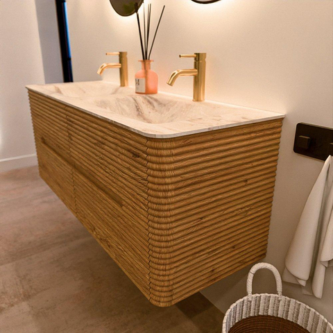 Mondiaz CIRO-DLUX Meuble de salle de bains - 130x45x50cm - Plan vasque solid surface Frappe - 2 vasques double - 2 trous de robinet - 4 tiroirs - Chêne SW1530872