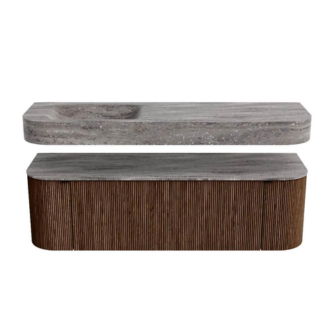MONDIAZ THOR-DLUX 150cm meuble de salle de bains arrondi gauche + droite couleur Walnut avec 1 tiroir et 2 portes. Vasque suspendue CLOUD Gauche 1 trou de robinet couleur Oza. SW1467676