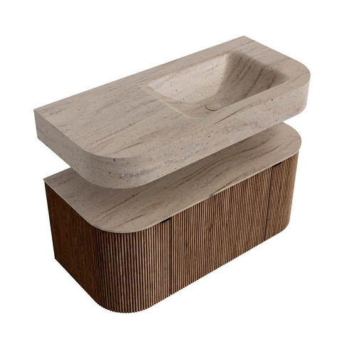 MONDIAZ THOR-DLUX 100cm badmeubel ronding links + rechts kleur Walnut met 1 lade en 2 deuren. Vrijhangende wastafel CLOUD Rechts zonder kraangat kleur Saba. SW1467558