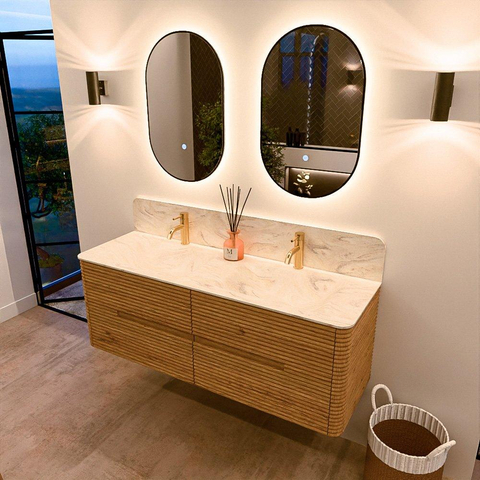 Mondiaz CIRO-DLUX Badkamermeubelset - 140x45x50cm - Solid surface wastafel Ostra - 2 wasbak Dubbel - 2 kraangaten - 4 lades - Oak SW1530927