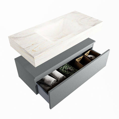 Mondiaz ALAN-DLUX Ensemble de meuble - 100cm - meuble - Plata mat - 1 tiroir - Lavabo Cloud Ostra suspendu - vasque Centre - 0 trous de robinet - Beige SW807805