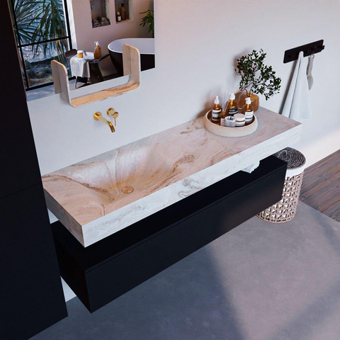 Mondiaz ALAN-DLUX Ensemble de meuble - 150cm - meuble Urban mat - 1 tiroir - Lavabo Cloud Frappe suspendu - vasque Gauche - 0 trous de robinet SW805030