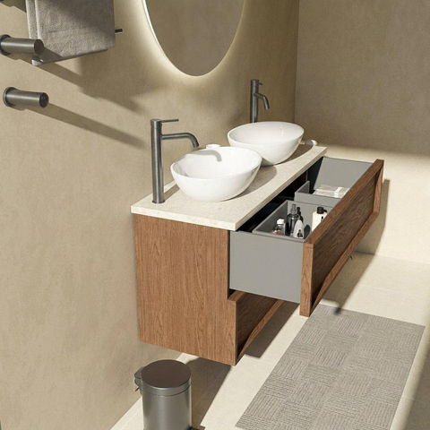Saniclass Holz Frame Badkamermeubelset - 120x45x63cm - Travertine natuurstenen topblad - 2 kraangaten - 2 lades - mat walnut pure (hout) SW1580041