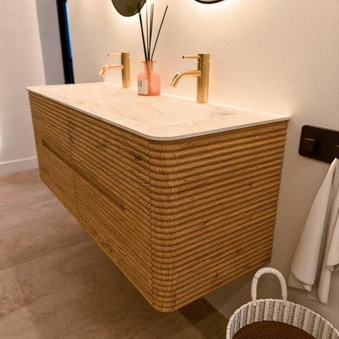 Mondiaz CIRO-DLUX Badkamermeubelset - 130x45x50cm - Solid surface wastafel Ostra - 2 wasbak Dubbel - 2 kraangaten - 4 lades - Oak SW1530934