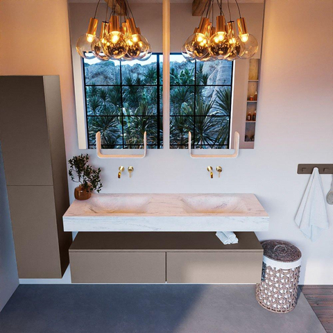 Mondiaz ALAN-DLUX Ensemble de meuble - 150cm - meuble Smoke mat - 2 tiroirs - Lavabo Cloud Opalo suspendu - vasque Gauche et droite - 0 trous de robinet SW806599