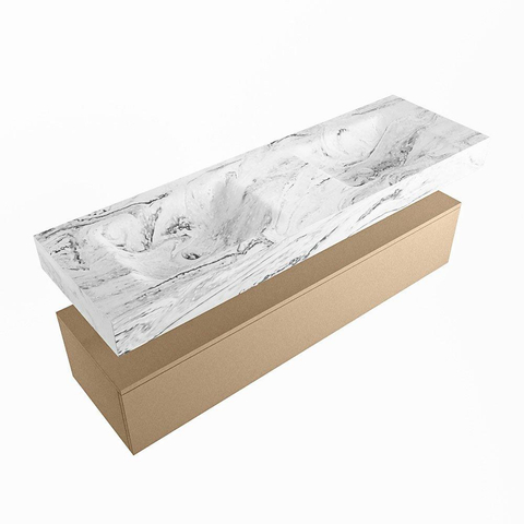 Mondiaz ALAN-DLUX Ensemble de meuble - 150cm - meuble Oro mat - 1 tiroir - Lavabo Cloud Glace suspendu - vasque Gauche et droite - 2 trous de robinet SW806168
