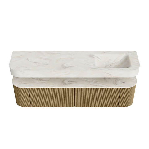 MONDIAZ THOR-DLUX 180cm meuble de salle de bains arrondi gauche + droite couleur Dusk avec 2 tiroirs et 2 portes. Vasque suspendue CLOUD Droite 1 trou de robinet couleur Ostra. SW1466027