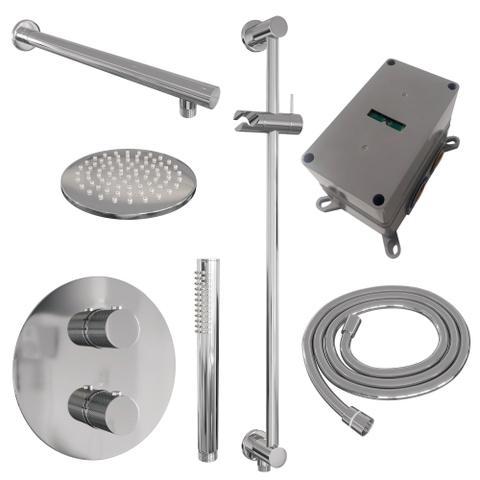 BRAUER Chrome Carving thermostatische Inbouw Regendouche - 3-weg - rond - set 85 - 20cm hoofddouche - rechte muurarm - staaf handdouche - doucheslang - geïntegreerde glijstang - chroom SW1159031