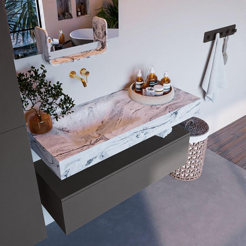 Mondiaz ALAN-DLUX Ensemble de meuble - 110cm - meuble Dark grey mat - 1 tiroir - Lavabo Cloud Glace suspendu - vasque Gauche - 0 trous de robinet SW804935