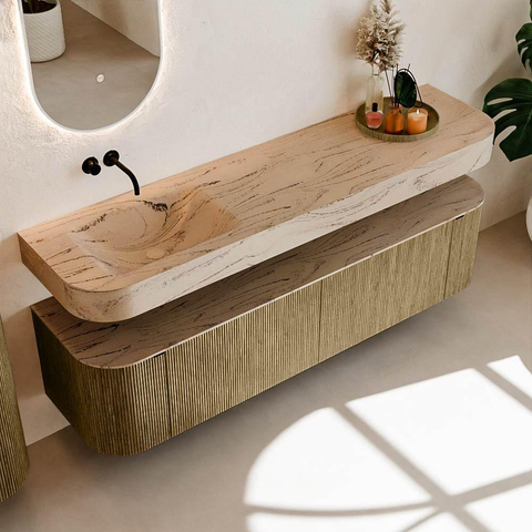 MONDIAZ THOR-DLUX 180cm meuble de salle de bains arrondi gauche + droite couleur Dusk avec 2 tiroirs et 2 portes. Vasque suspendue CLOUD gauche sans trou de robinet couleur Arena. SW1466138