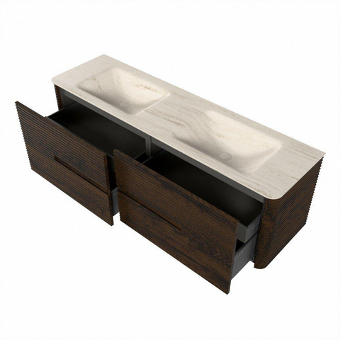 Mondiaz CIRO-DLUX Ensemble de meubles de salle de bains - 160x45x50cm - Plan vasque Solid surface Meli - 2 vasques Double - 2 trous de robinetterie - 4 tiroirs - Noyer SW1530529