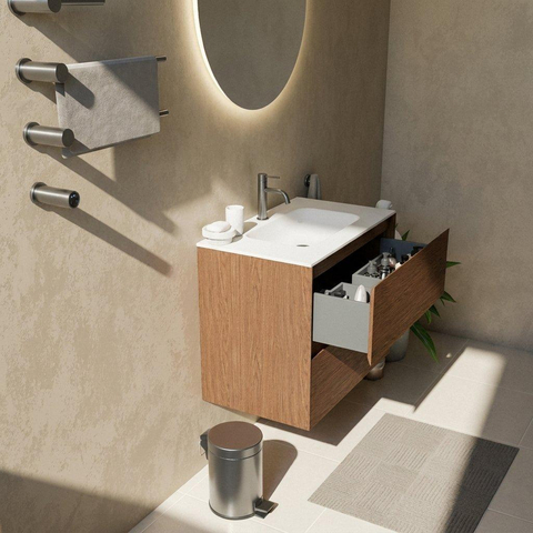 Saniclass Holz Pure Ensemble meuble de salle de bains - 80x45x61.5cm - Flow lavabo en solid surface blanc - 1 vasque - 1 trou de robinetterie - 2 tiroirs - noyer pure mat (bois) SW1478391