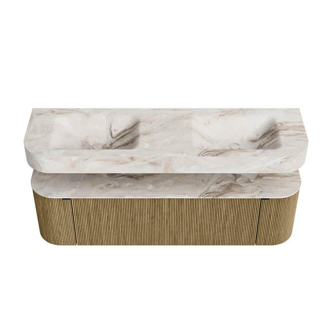 MONDIAZ THOR-DLUX 160cm meuble de salle de bains arrondi gauche + droite couleur Dusk avec 1 tiroir et 2 portes. Vasque suspendue CLOUD Double 2 trous de robinet couleur Frappe. SW1465039