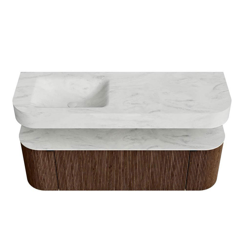 MONDIAZ THOR-DLUX 140cm badmeubel ronding links + rechts kleur Walnut met 1 lade en 2 deuren. Vrijhangende wastafel CLOUD Links 1 kraangat kleur Opalo. SW1464097