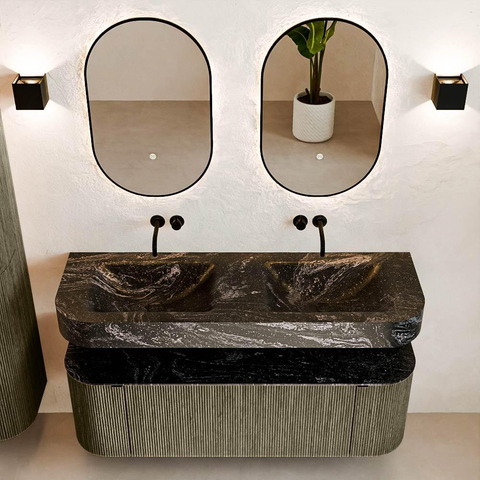 MONDIAZ THOR-DLUX 140cm meuble de salle de bains arrondi gauche + droite couleur Shadow avec 1 tiroir et 2 portes. Vasque suspendue CLOUD Double sans trou de robinet couleur Lava. SW1464133