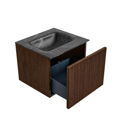 MONDIAZ KURVE-DLUX Meuble de salle de bains 50 cm couleur Walnut avec 1 tiroir. Lavabo GRUNNE central sans trou de robinet couleur Lava. SW1137215