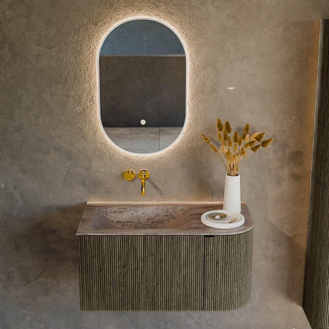 MONDIAZ KURVE-DLUX Meuble de salle de bains 85cm arrondi à droite couleur Shadow avec 1 tiroir et 1 porte. Lavabo CLOUD à gauche sans trou de robinet Oza. SW1432856
