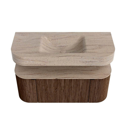 MONDIAZ THOR-DLUX 110cm meuble de salle de bains arrondi gauche + droite couleur Walnut avec 1 tiroir et 2 portes. Vasque suspendue CLOUD Milieu 1 trou de robinet couleur Saba. SW1463003