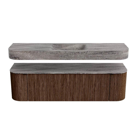 MONDIAZ THOR-DLUX 160cm meuble de salle de bains arrondi gauche + droite couleur Walnut avec 1 tiroir et 2 portes. Vasque suspendue CLOUD Milieu sans trou de robinet couleur Oza. SW1465300