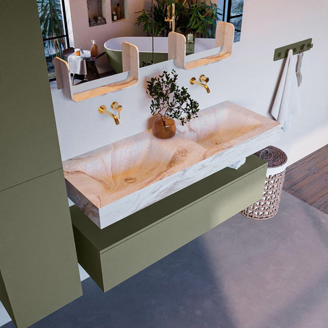 Mondiaz ALAN-DLUX Ensemble de meuble - 130cm - meuble Army mat - 1 tiroir - Lavabo Cloud Frappe suspendu - vasque Gauche et droite - 0 trous de robinet SW805598
