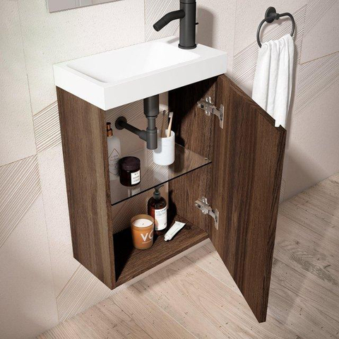 FugaFlow Eccelente Arredo Ensemble meuble WC - 40x65cm - 1 porte - 1 trou de robinet - droit - lave-mains pierre naturelle foncé - noyer SW1522182