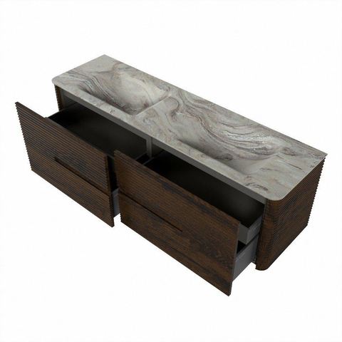 Mondiaz CIRO-DLUX Badkamermeubelset - 160x45x50cm - Solid surface wastafel Glace - 2 wasbak Dubbel - zonder kraangaten - 4 lades - Walnut SW1530145