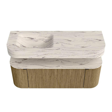 MONDIAZ THOR-DLUX 130cm meuble de salle de bains arrondi gauche + droite couleur Dusk avec 1 tiroir et 2 portes. Vasque suspendue CLOUD Gauche sans trou de robinet couleur Nata. SW1463873
