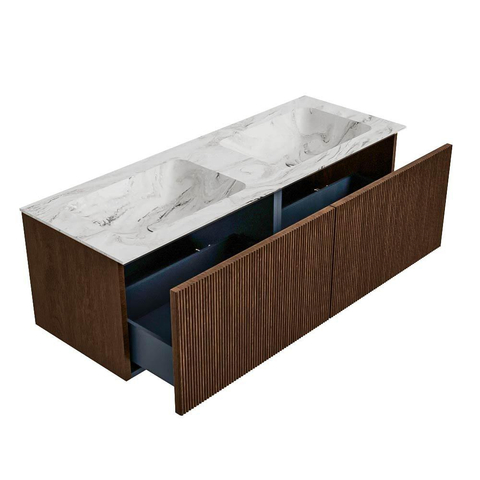 MONDIAZ KURVE-DLUX Meuble de salle de bains 130 cm couleur Walnut avec 2 tiroirs. Lavabo LEAF double sans trou de robinet couleur Glace. SW1138067