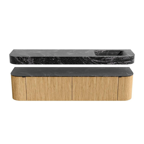 MONDIAZ THOR-DLUX Meuble de salle de bains 190cm arrondi gauche + droite couleur Oak avec 2 tiroirs et 2 portes. Vasque suspendue CLOUD Droite 1 trou de robinet couleur Lava. SW1466376