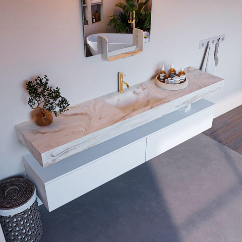 Mondiaz ALAN-DLUX Ensemble de meuble - 200cm - meuble Talc mat - 2 tiroirs - Lavabo Cloud Frappe suspendu - vasque Centre - 1 trou de robinet SW805502