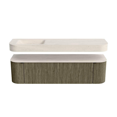 MONDIAZ THOR-DLUX 170cm meuble de salle de bains arrondi gauche + droite couleur Shadow avec 1 tiroir et 2 portes. Vasque suspendue CLOUD gauche sans trou de robinet couleur Meli. SW1465766