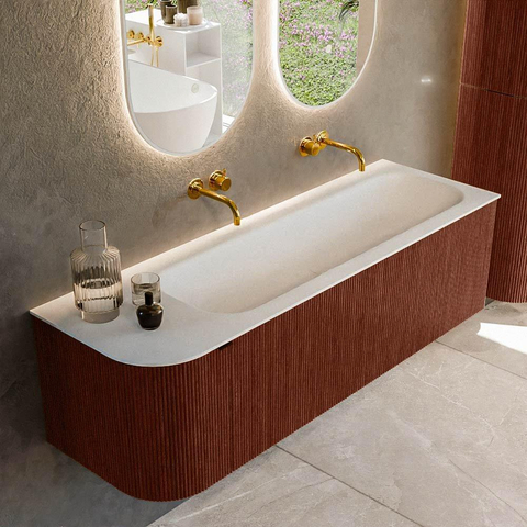 Mondiaz KURVE Ensemble de meuble de salle de bains - 145x46x40cm - 1 tiroir - 1 porte - lavabo solid surface - droit - sans trou de robinet - Ruby SW1415299