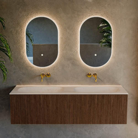MONDIAZ KURVE-DLUX meuble de salle de bains 150cm couleur Walnut avec 2 tiroirs et 0 portes. Plan-vasque STOR SMALL Double sans trou de robinet Meli. SW1431760