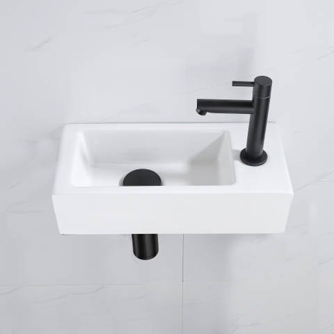 QeramiQ Fuente fonteinset – 37.5x18.5x9 cm – keramiek wit mat – kraangat rechts – mat zwarte kraan SW1232730