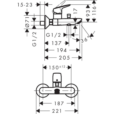 Hansgrohe Logis Badkraan - met omstel - met koppelingenHOH=15cm - hoogglans chroom 0605671