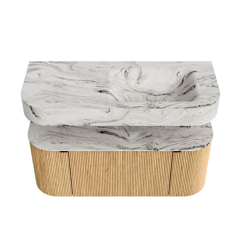 MONDIAZ THOR-DLUX 110cm badmeubel ronding links + rechts kleur Oak met 1 lade en 2 deuren. Vrijhangende wastafel CLOUD Rechts zonder kraangat kleur Glace. SW1462728