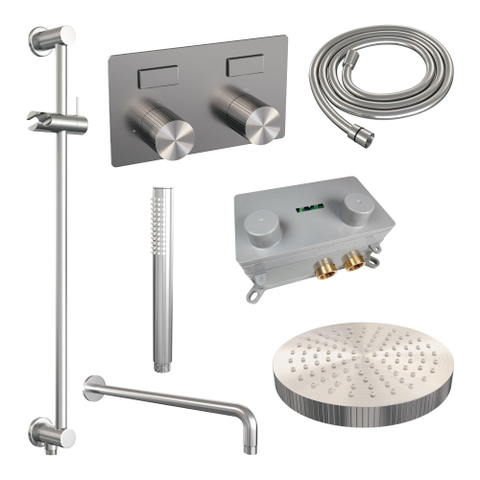 BRAUER Stripe Thermostatische Inbouw Regendouche - drukknoppen - SET 32 - 25cm douchekop - gebogen muurarm - staaf handdouche - doucheslang - geïntegreerde glijstang - RVS-kleurig geborsteld PVD SW1435269