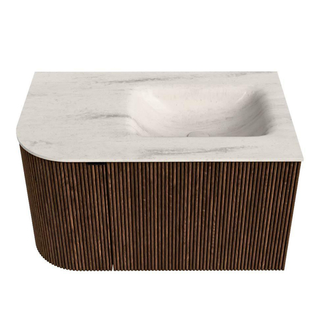 MONDIAZ KURVE-DLUX Meuble de salle de bains 75cm arrondi à gauche couleur Walnut avec 1 tiroir et 1 porte. Lavabo GRUNNE à droite sans trou de robinet Meli. SW1432032